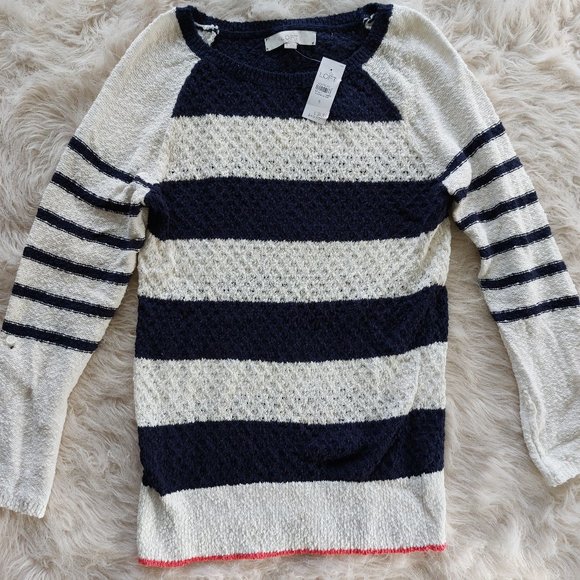 Ann Taylor Loft Women's 100% Cotton Navy Stripped Roll Up Sleeve Sweatshirt S - Picture 2 of 9